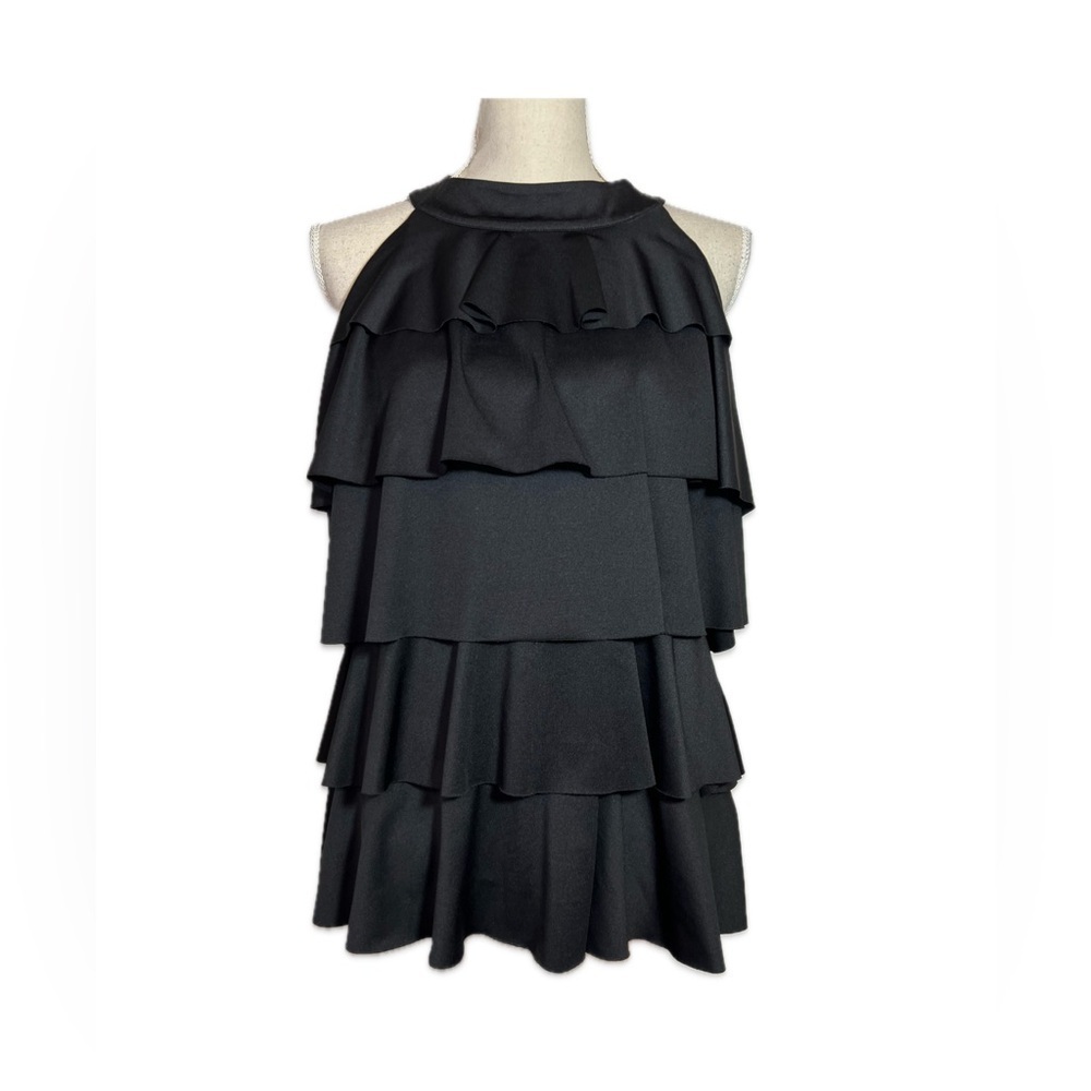 Simply French Black Sleeveless Blouse XL Layered Tie Back Chic Top